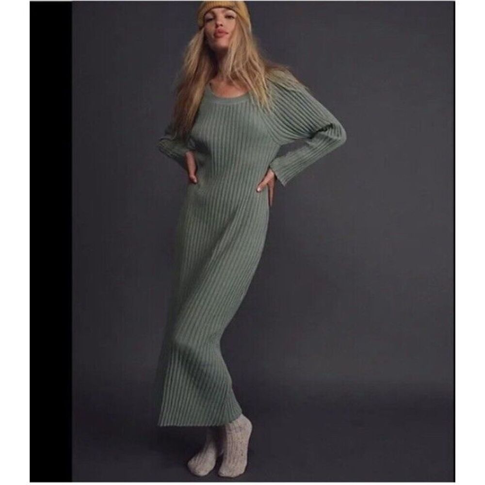 Free People Olive Green Ribbed Maxi Sweater Dress